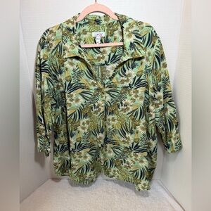 Denim&Co Green Leaf Print V-neck Blouse